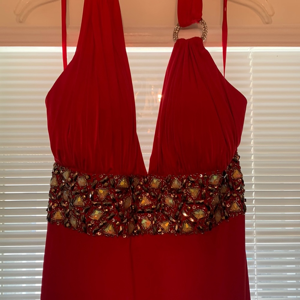 Beautiful red formal halter style, bottom hem is stained, As Is